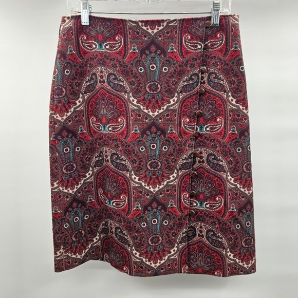 Talbots Paisley Print Button Front Knee Length‎ Skirt Red Blue Women's Size 4 - Picture 5 of 15